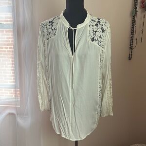 French Connection Cream Lace Mandarin Collar Tunic top blouse